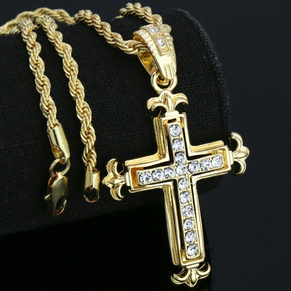 14k Gold Stamped Cross 24" Rope Chain + Pendant